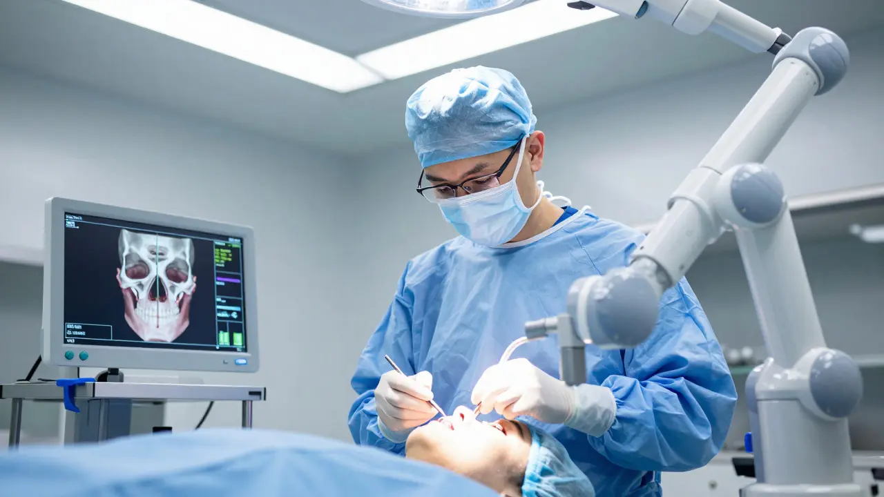 Chirurg provádějící operaci čelisti s pomocí robotiky
