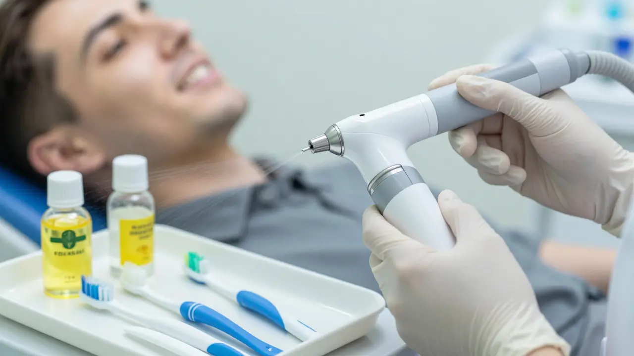 Dentální hygienista s ultrazvukem a pomůcky pro domácí péči