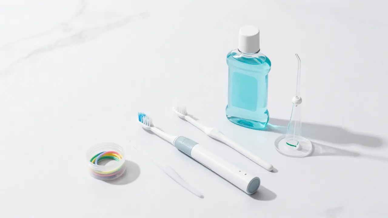 Hygienické potřeby pro čištění zubů s rovnátky na bílém podkladu