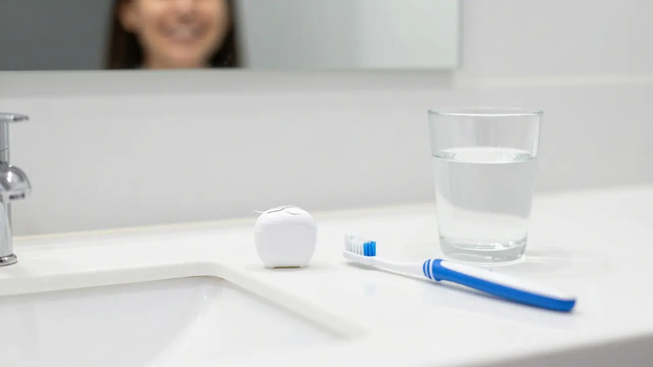 Hygienické potřeby pro péči o zuby na umyvadle