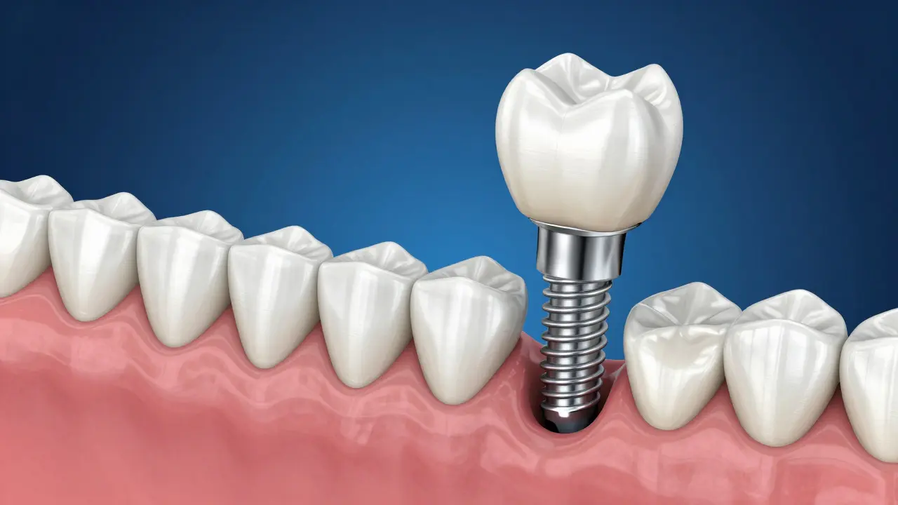 Ilustrace zubního implantátu s keramickou korunou