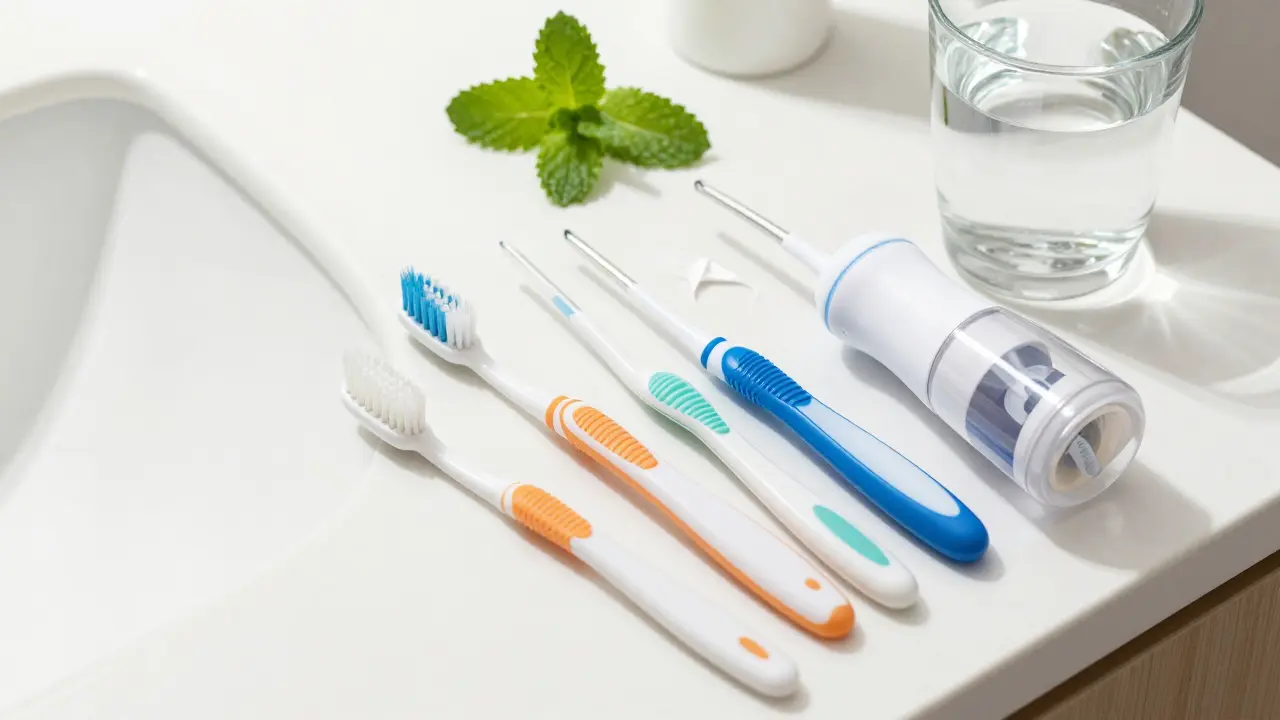 Nástroje pro domácí ústní hygienu: kartáček, nit a mezizubní kartáčky