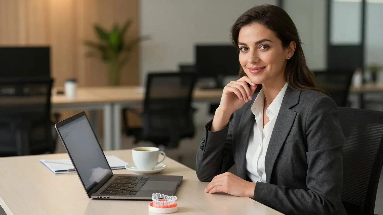 Profesionální žena s neviditelnými náplastmi Invisalign