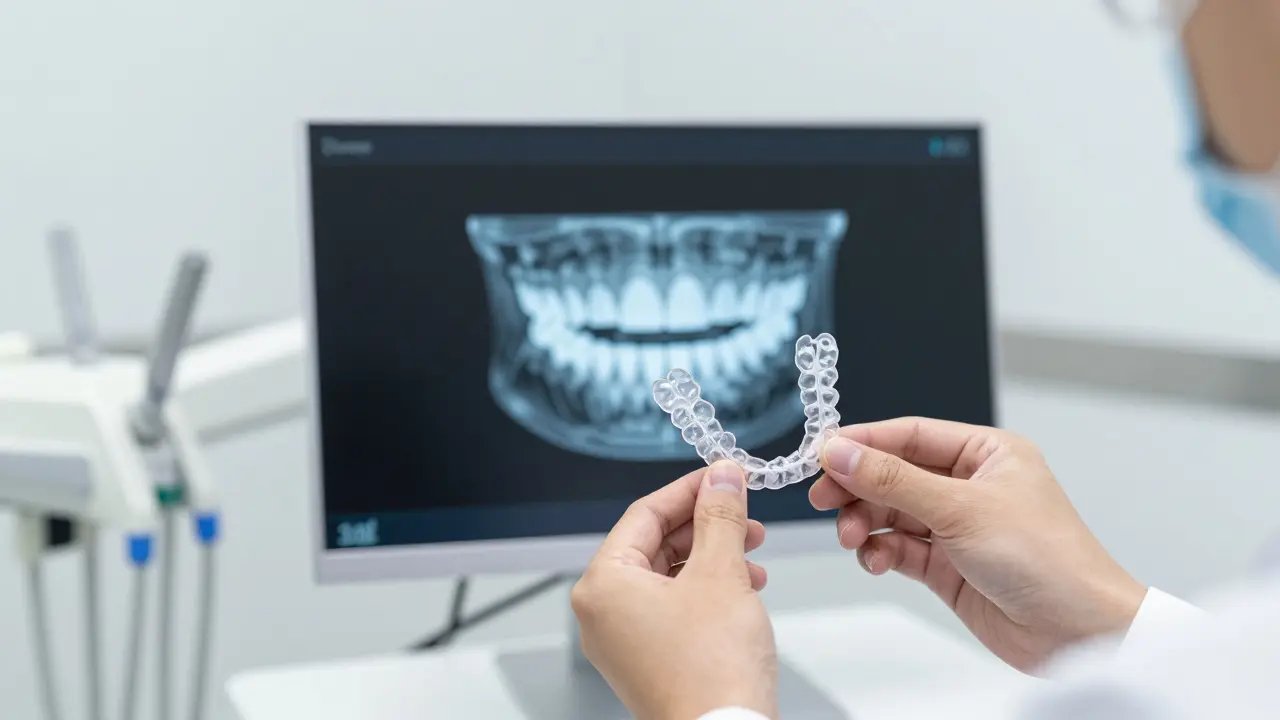 Průhledná rovnátka nad digitálním modelem zubů