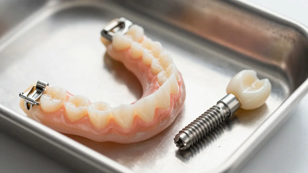 Různé typy zubních náhrad: parciálky s háčky, nylonové a implantát