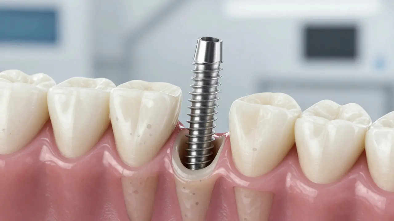 Detailní pohled na zubní implantát integrovaný v kosti čelisti během hojení