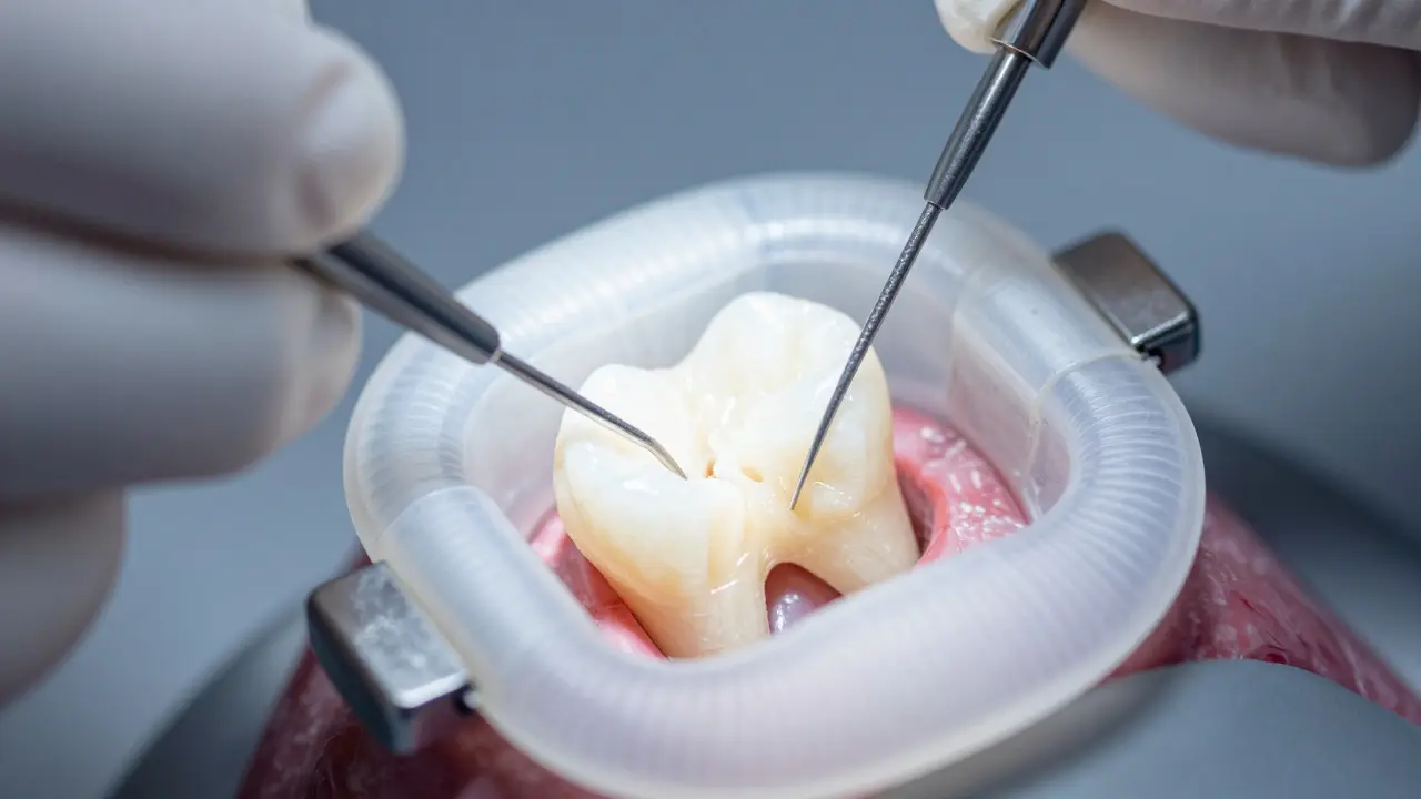Detailní záběr na izolovaný zub během endodontické léčby
