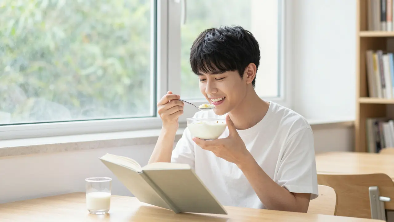 Student eating soft food while studying in a bright, comfortable setting