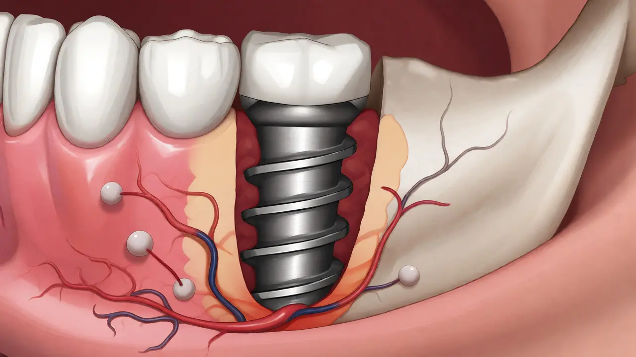Medicínská ilustrace srůstání titanového implantátu s kostní tkání