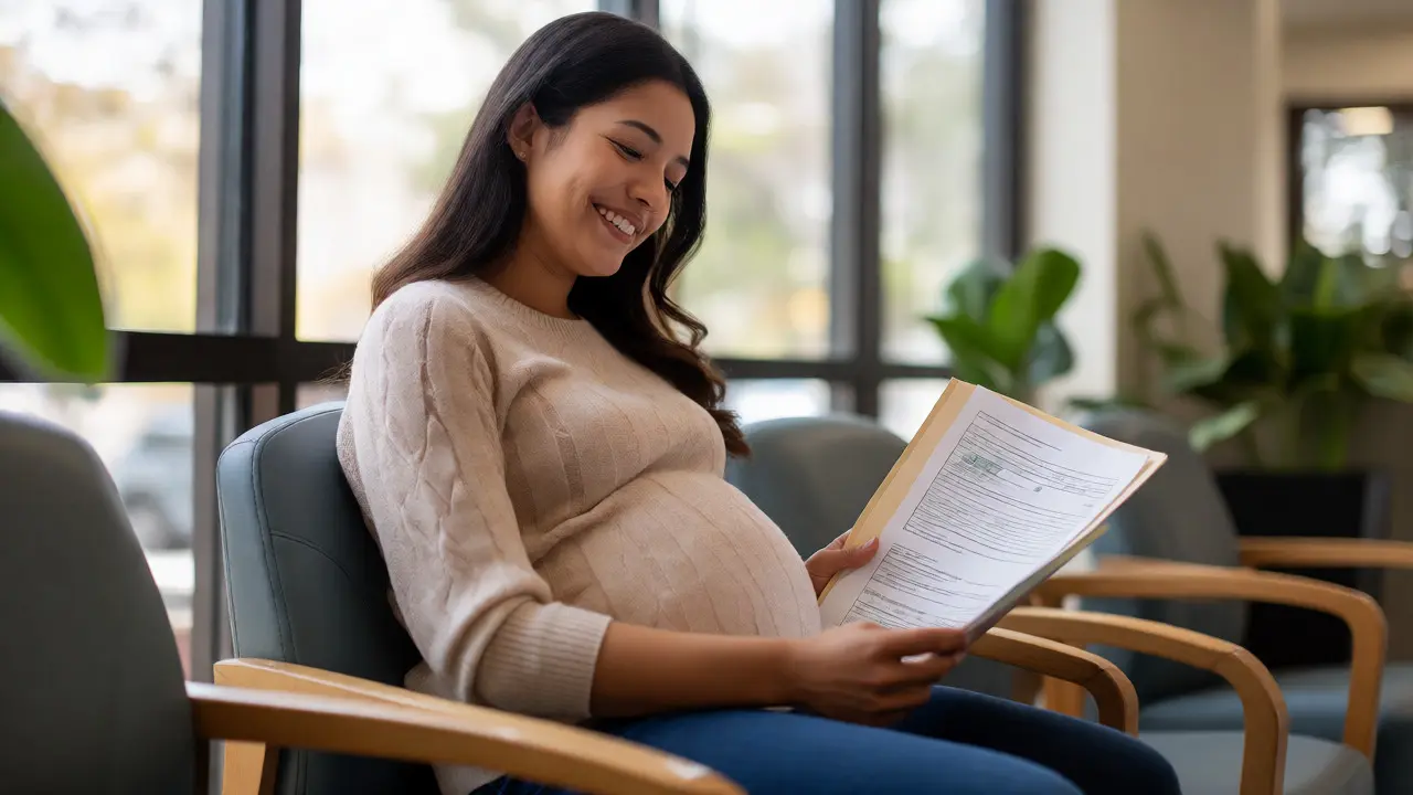 Pregnant woman holding medical documents in a modern dental clinic waiting room.
