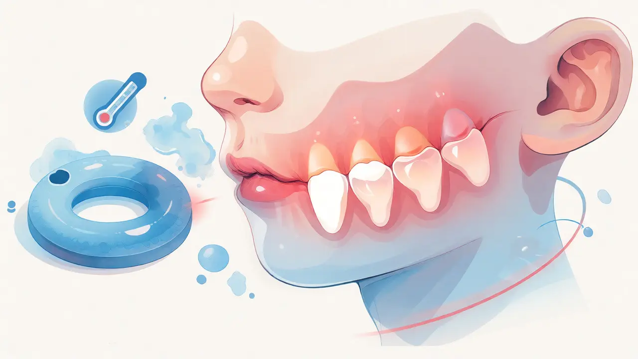 Stylová ilustrace časového harmonogramu prořezávání mléčných zubů u dítěte