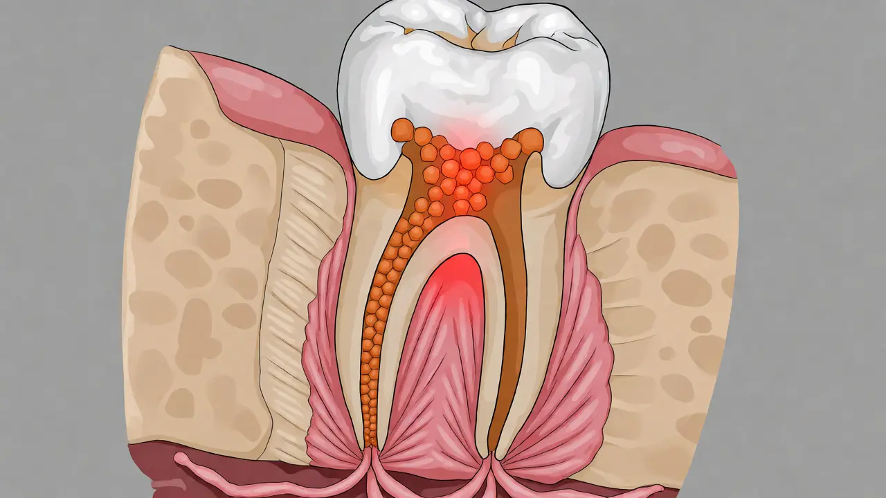 Anatomický řez zubem s vyznačeným zánětem kolem vrcholku kořene