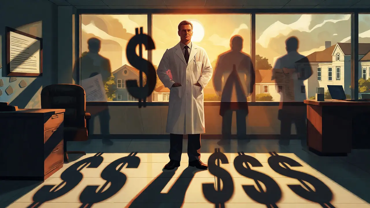 Lékař ve svém kanceláři obklopený stíny symbolizujícími finance.