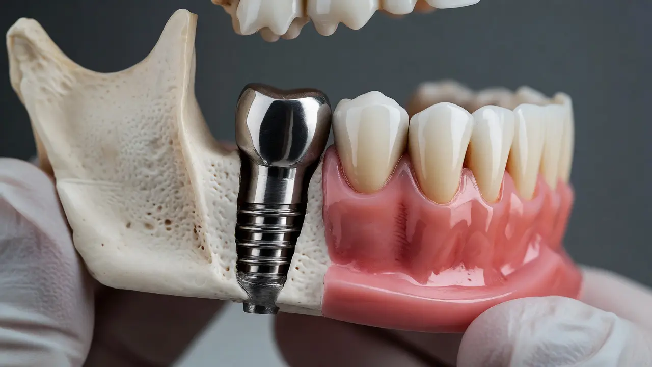 Porovnání dentálního implantátu a vyjímatelné protézy na modelu čelisti