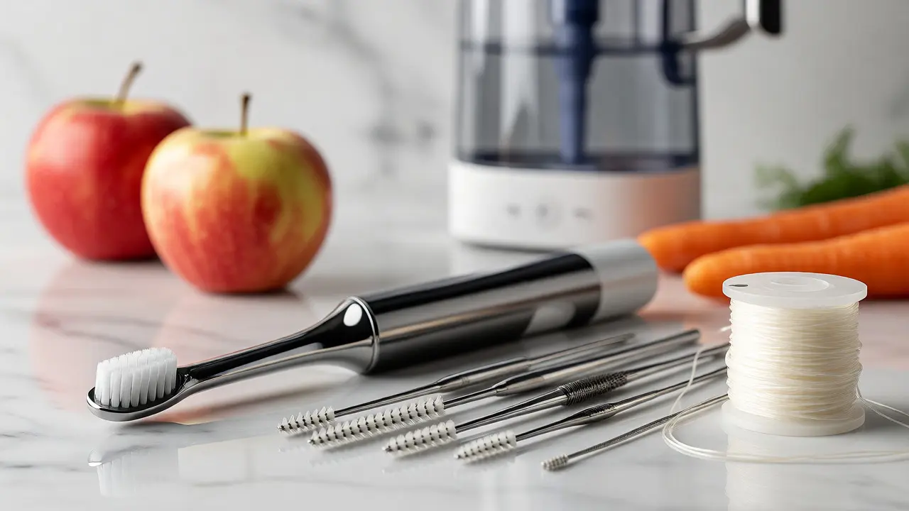 Sada nástrojů pro dentální hygienu: elektrický kartáček, mezizubní kartáčky a nit