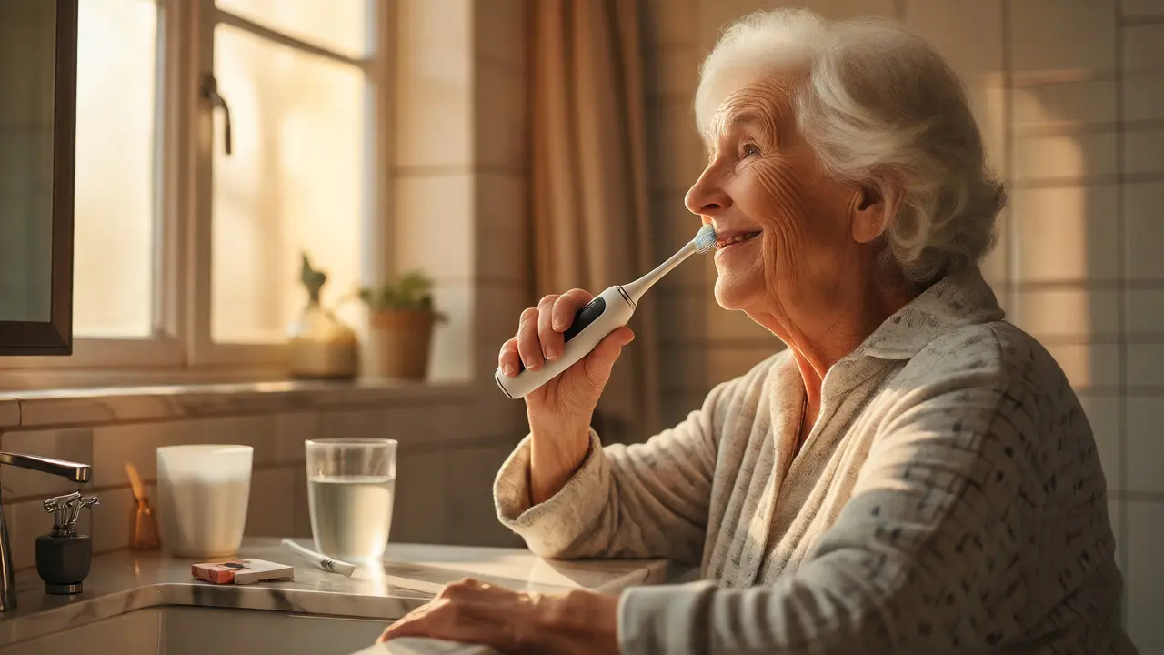 Seniorka používá ergonomický elektrický kartáček při ranní hygieně