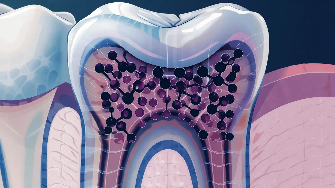 Stylizovaný řez zubem ukazující molekuly tetracyklinu zabudované hluboko v dentinu.