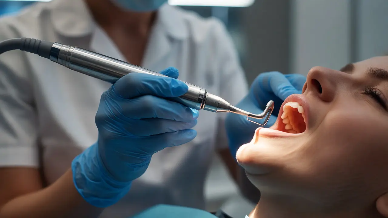 Zubní hygienista odstraňuje kámen ultrazvukovým přístrojem