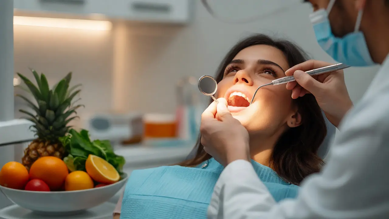 Zubní lékař vyšetřuje ústa pacienta v pozadí s ovocem pro prevenci